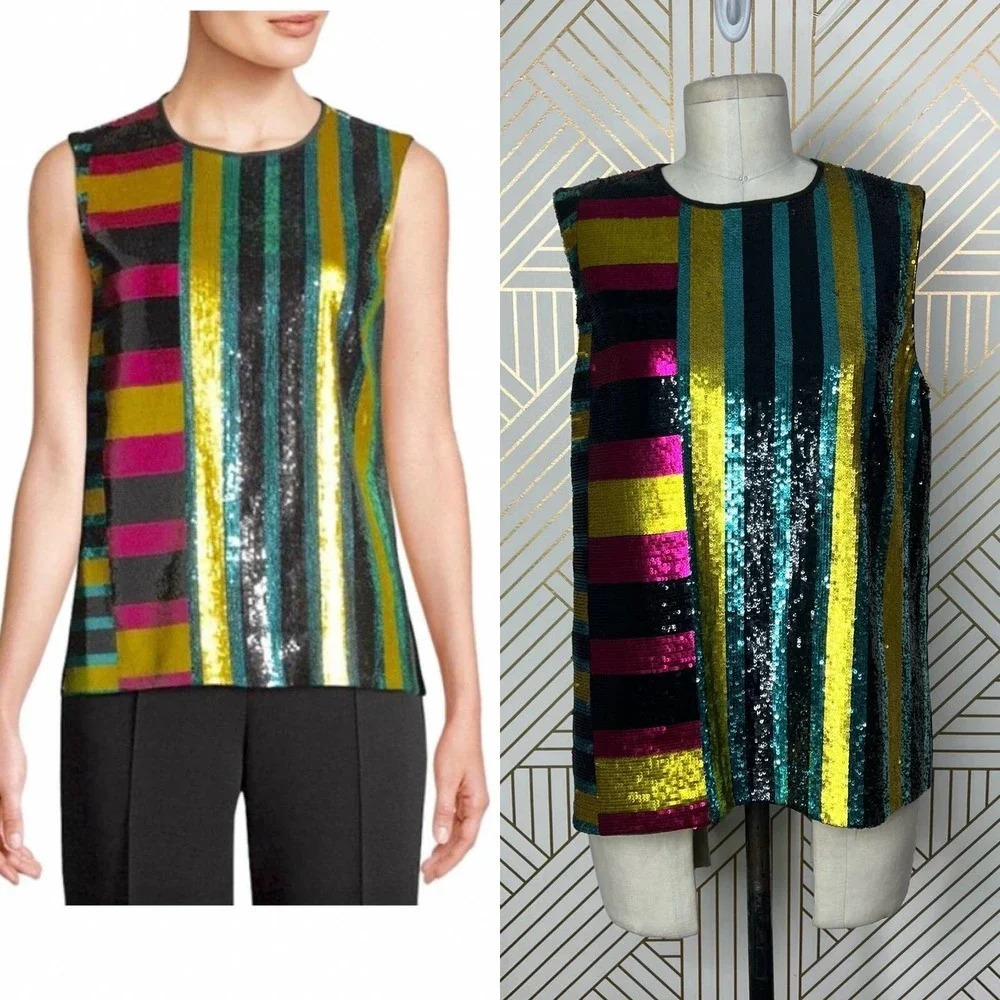 Diane Von Furstenberg Sequin Saxon Stripe Sleeveless Shell Top Size Medium